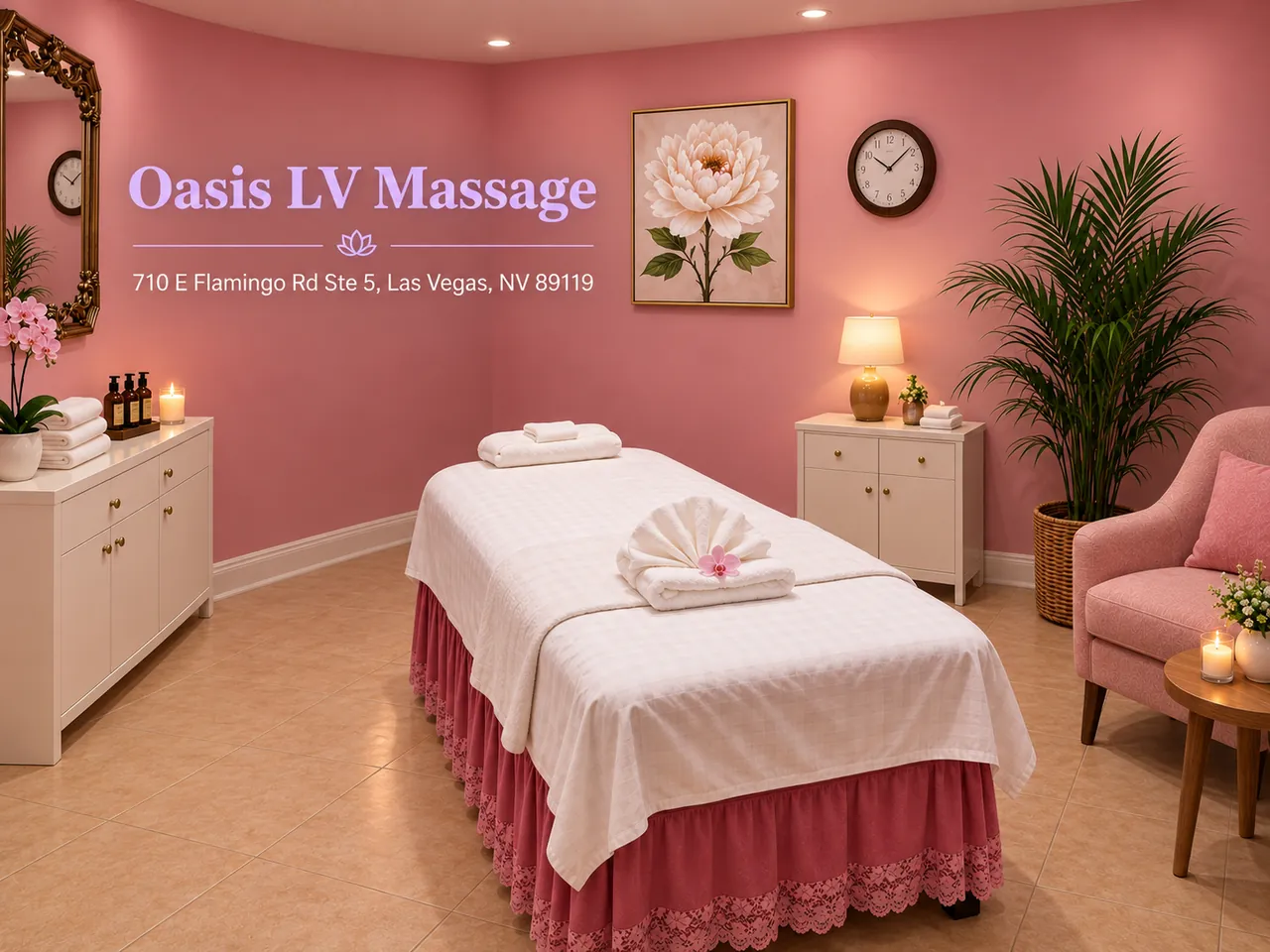 Clean private massage room with warm lighting at Oasis LV Massage in Las Vegas, NV