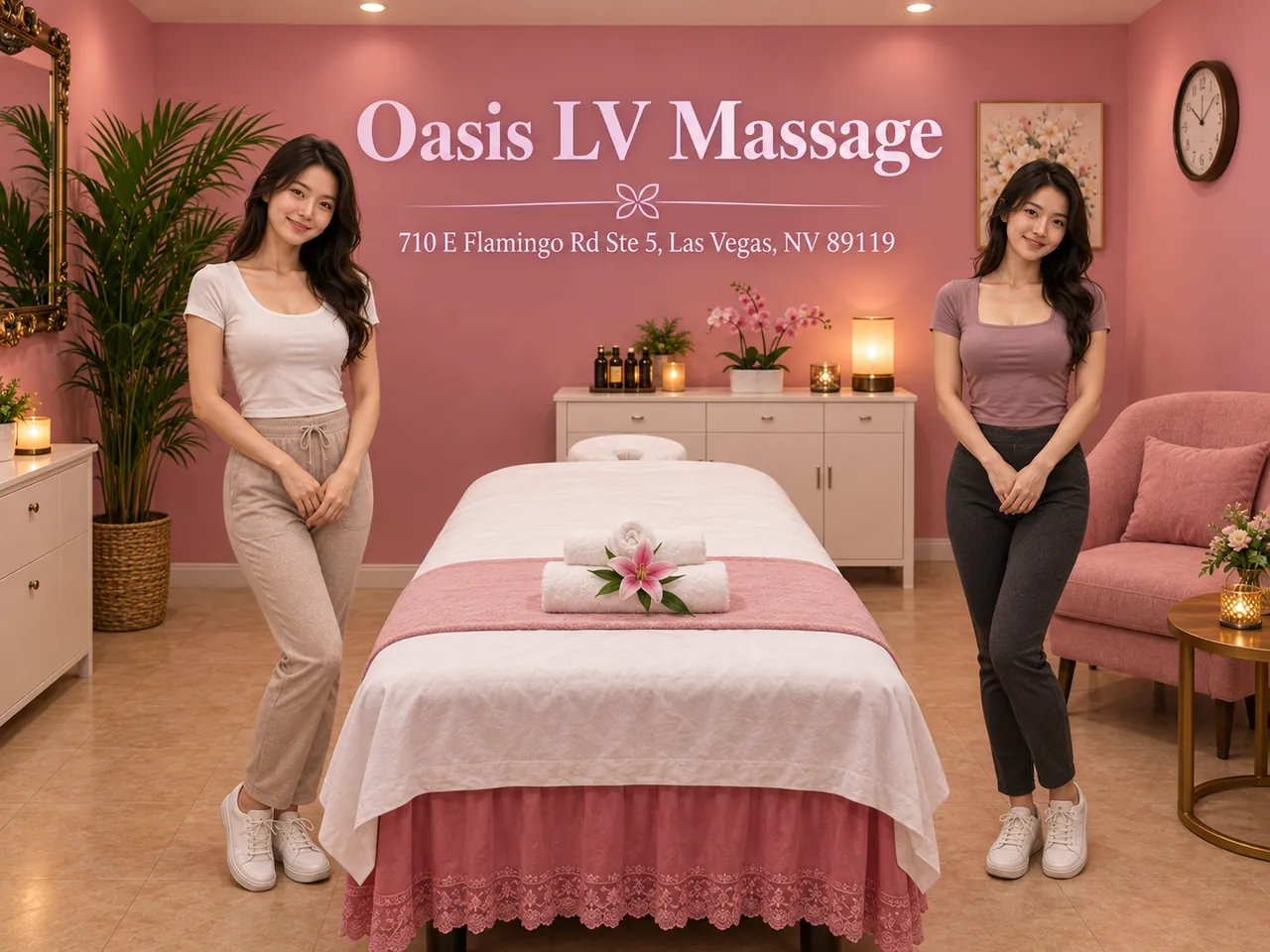 Two friendly staff members in a clean private room at Oasis LV Massage in Las Vegas, NV