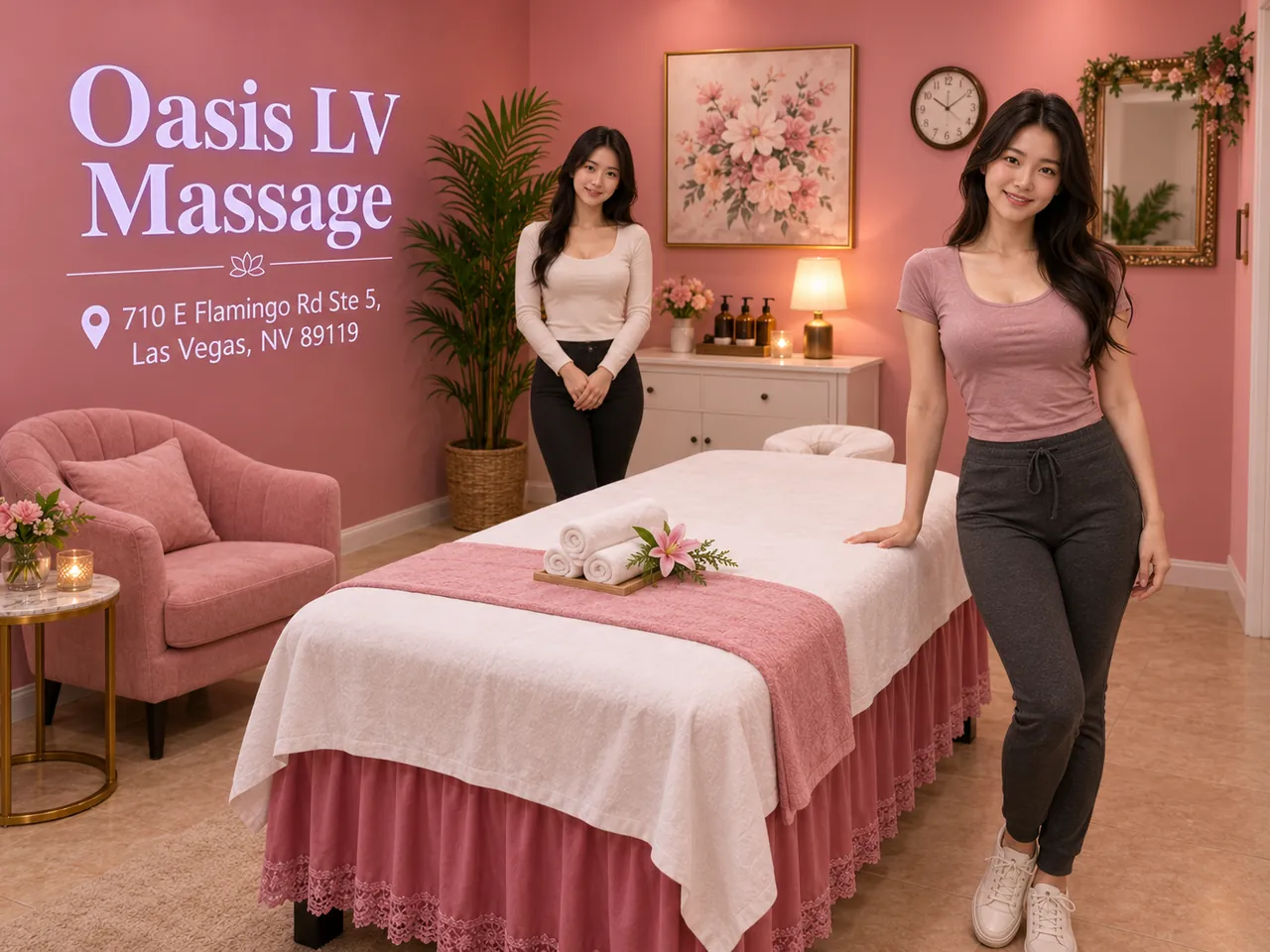 Two staff members beside a clean massage table at Oasis LV Massage in Las Vegas, NV